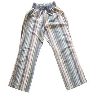 Striped Crop Pants Smocked‎ Waist Casual Drawstring Lightweight Sz L